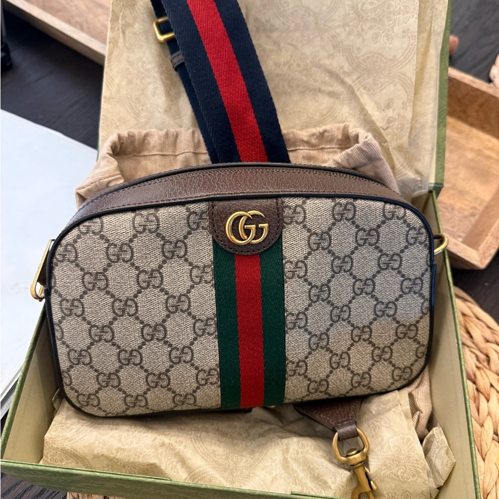 Gucci Beige and Brown Crossbody Bag with Red and Blue Stripe